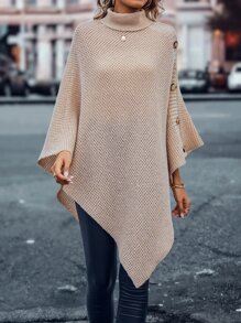SHEIN LUNE Turtleneck Batwing Sleeve Asymmetrical Hem Knit Poncho - Apricot - View 4
