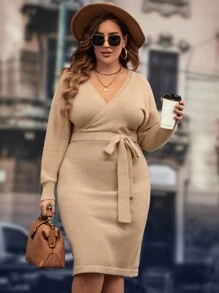 SHEIN Clasi Plus Surplice Neck Belted Jumper Dress - Khaki - View 5