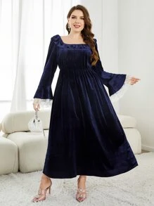 Modelyn Vestido de manga con volante de cuello cuadrado de terciopelo sin cinturón - Azul Marino - Ver 6