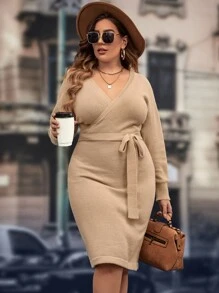 SHEIN Clasi Plus Surplice Neck Belted Jumper Dress - Khaki - View 6