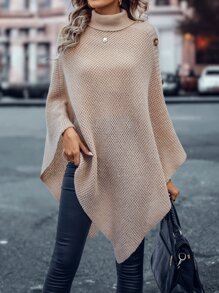 SHEIN LUNE Turtleneck Batwing Sleeve Asymmetrical Hem Knit Poncho - Apricot - View 5