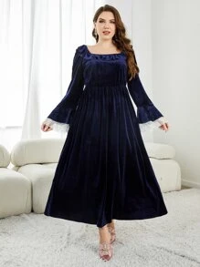 Modelyn Vestido de manga con volante de cuello cuadrado de terciopelo sin cinturón - Azul Marino - Ver 7