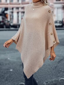 SHEIN LUNE Turtleneck Batwing Sleeve Asymmetrical Hem Knit Poncho - Apricot - View 7