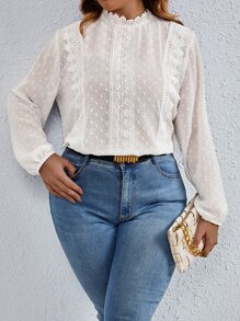 Flirla Plus Swiss Dot Guipure Lace Insert Lantern Sleeve Blouse - White - View 1