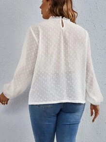 Flirla Plus Swiss Dot Guipure Lace Insert Lantern Sleeve Blouse - White - View 2