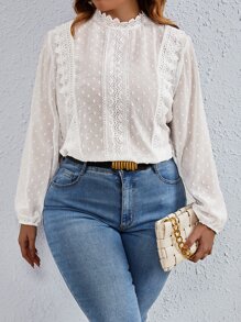 Flirla Plus Swiss Dot Guipure Lace Insert Lantern Sleeve Blouse - White - View 3