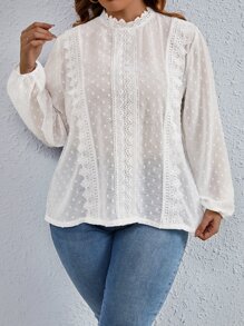 Flirla Plus Swiss Dot Guipure Lace Insert Lantern Sleeve Blouse - White - View 4