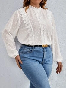 Flirla Plus Swiss Dot Guipure Lace Insert Lantern Sleeve Blouse - White - View 5