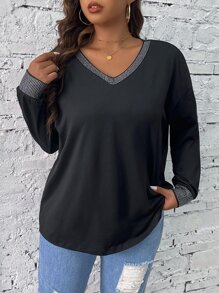 Calvaya Camiseta de hombros caídos ribete en contraste - Negro - Ver 1