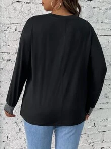 Calvaya Camiseta de hombros caídos ribete en contraste - Negro - Ver 2