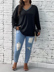 Calvaya Camiseta de hombros caídos ribete en contraste - Negro - Ver 3