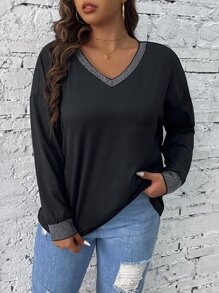 Calvaya Camiseta de hombros caídos ribete en contraste - Negro - Ver 5