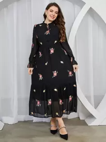 Modelyn Vestido con estampado floral de cuello con cordón de manga con volante bajo con fruncido - Negro - Ver 1