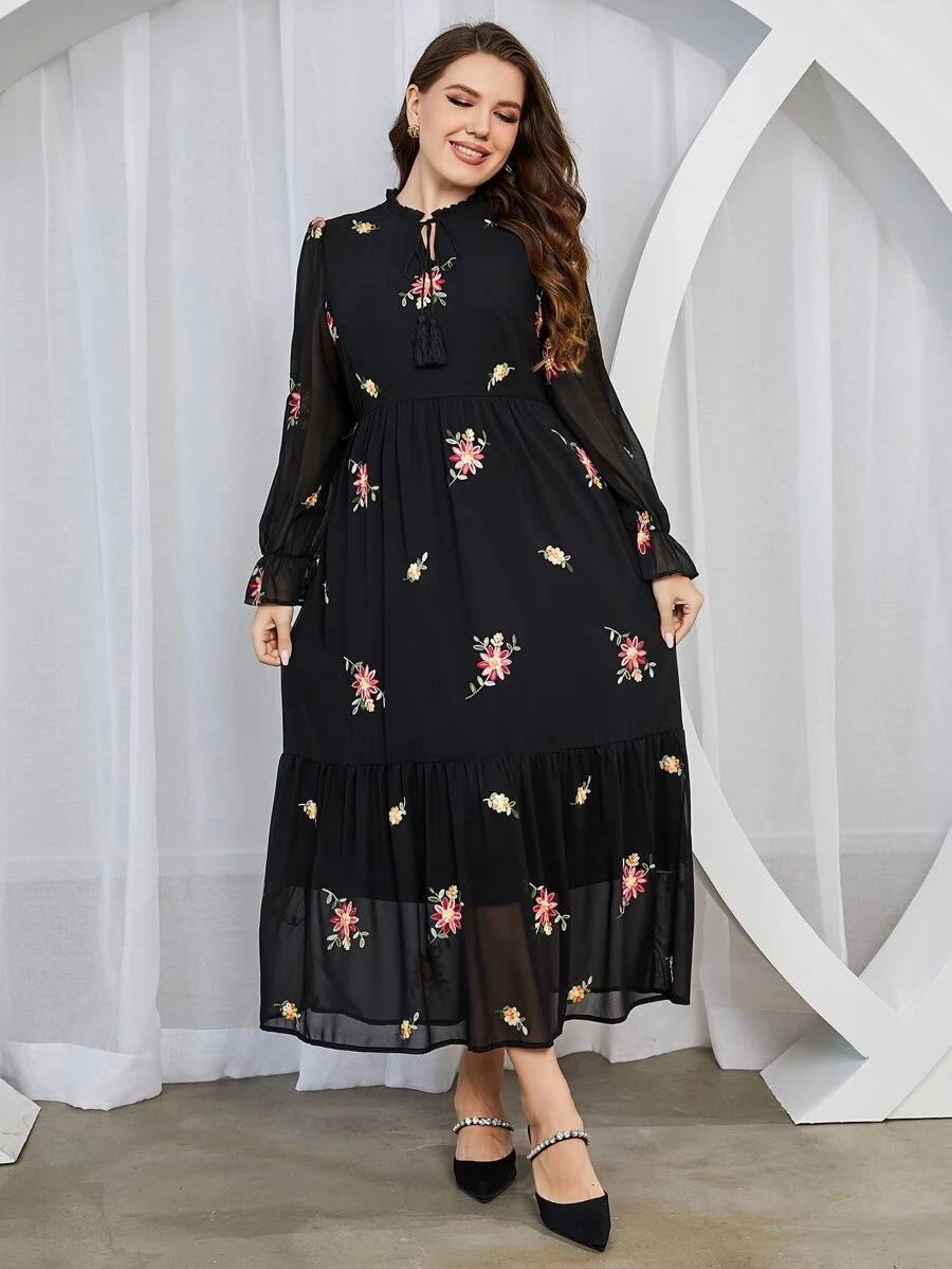 Modelyn Vestido con estampado floral de cuello con cordón de manga con volante bajo con fruncido - Negro - Ver 1