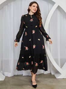 Modelyn Vestido con estampado floral de cuello con cordón de manga con volante bajo con fruncido - Negro - Ver 4