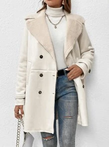 SHEIN EZwear 秋冬双排扣泰迪熊衬里大衣