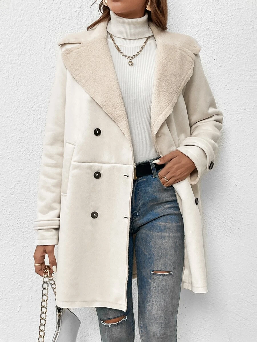 SHEIN EZwear 秋冬双排扣泰迪熊衬里大衣