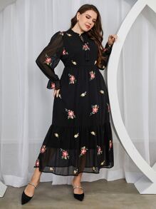 Modelyn Vestido con estampado floral de cuello con cordón de manga con volante bajo con fruncido - Negro - Ver 5
