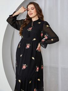 Modelyn Vestido con estampado floral de cuello con cordón de manga con volante bajo con fruncido - Negro - Ver 6