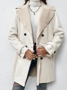 SHEIN EZwear 秋冬双排扣泰迪熊衬里大衣