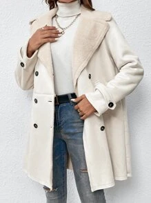 SHEIN EZwear 秋冬双排扣泰迪熊衬里大衣