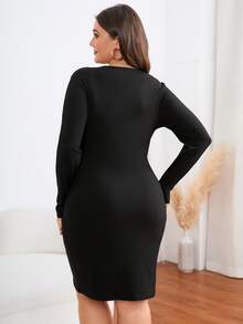 Vestido ajustado unicolor cruzado con nudo lateral - Negro - Ver 2