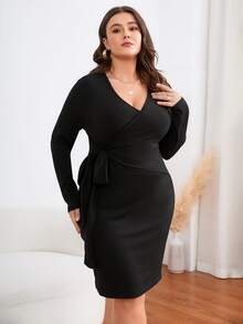 Vestido ajustado unicolor cruzado con nudo lateral - Negro - Ver 3