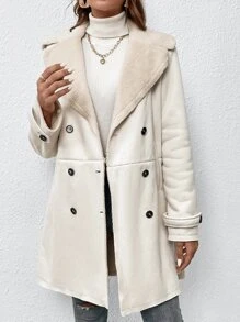 SHEIN EZwear 秋冬双排扣泰迪熊衬里大衣