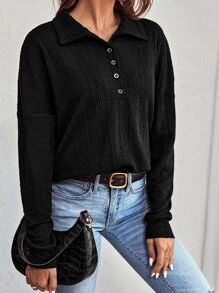 SHEIN LUNE Polo Neck Drop Shoulder Tee - Black - View 1