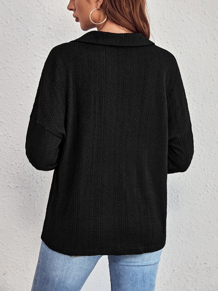 SHEIN LUNE Polo Neck Drop Shoulder Tee - Black - View 2