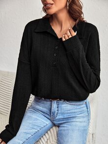 SHEIN LUNE Polo Neck Drop Shoulder Tee - Black - View 4