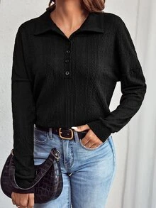SHEIN LUNE Polo Neck Drop Shoulder Tee - Black - View 5