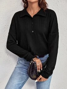 SHEIN LUNE Polo Neck Drop Shoulder Tee - Black - View 6