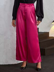 High Waist Wide Leg Satin Trousers - Hot Pink - View 1