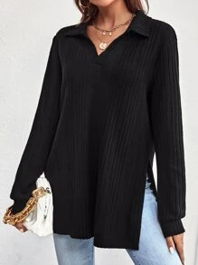 SHEIN LUNE Solid Split Hem Tee - Black - View 3