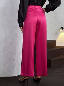 High Waist Wide Leg Satin Trousers - Hot Pink - View 2
