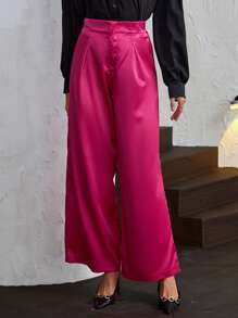 High Waist Wide Leg Satin Trousers - Hot Pink - View 4