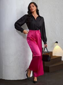 High Waist Wide Leg Satin Trousers - Hot Pink - View 5