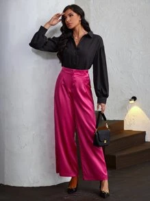 High Waist Wide Leg Satin Trousers - Hot Pink - View 6