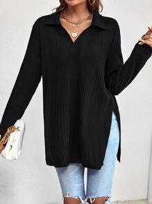 SHEIN LUNE Solid Split Hem Tee - Black - View 5