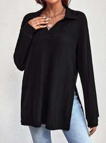 SHEIN LUNE Solid Split Hem Tee - Black - View 7