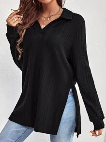 SHEIN LUNE Solid Split Hem Tee - Black - View 8