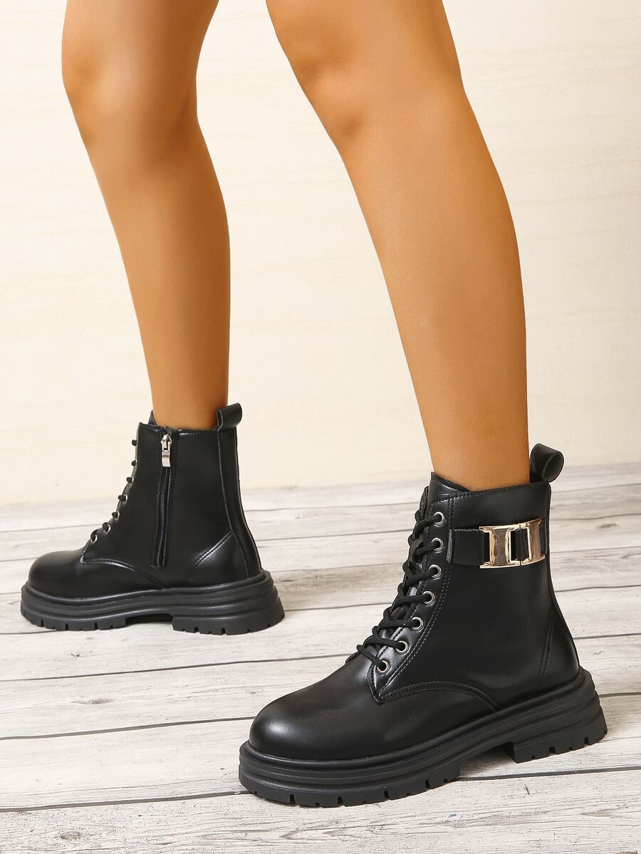 Metal Decor Lace-up Front Zipper Side Combat Boots - Black - View 1