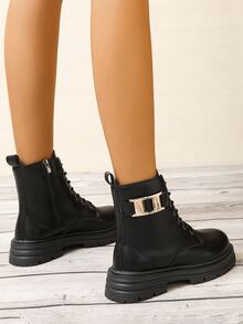 Metal Decor Lace-up Front Zipper Side Combat Boots - Black - View 3