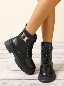 Metal Decor Lace-up Front Zipper Side Combat Boots - Black - View 4