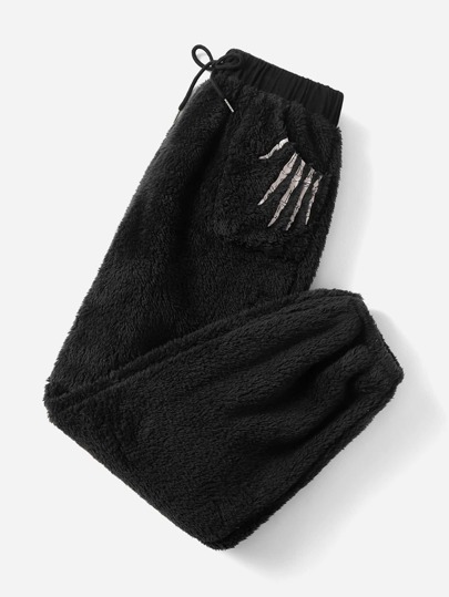 Goth Skeleton Hand Print Drawstring Teddy Pants