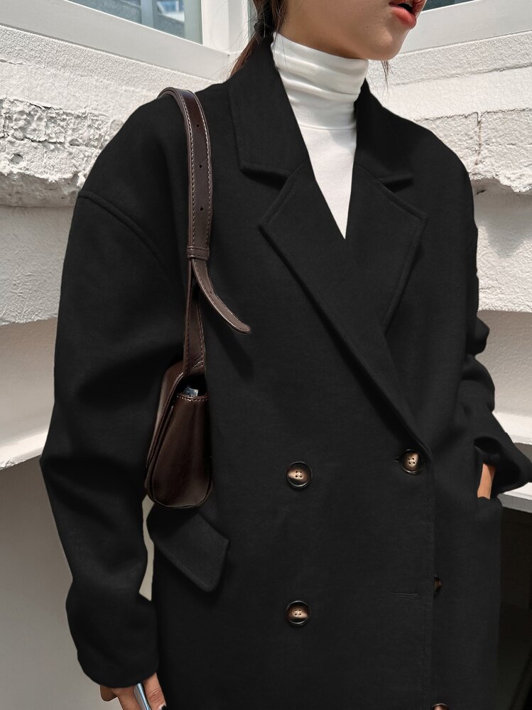 DAZY Dubbelknäppt överrock med nedsänkt axel, damkläder för hösten - Svart - Visa 4