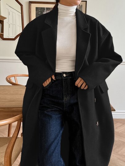 DAZY Drop Shoulder Double Breasted Overcoat Women Jacket,Fall Women Clothes