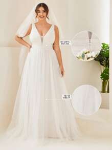 Elasola 珍珠亮片腰部及地无袖网纱婚纱 白色优雅新娘礼服，优雅新娘 - 白色 - 查看 5