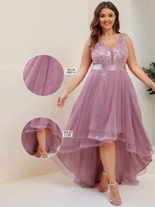 EVERPRETTY 大碼亮片拼接刺繡緊身上衣高低下擺網紗伴娘洋裝 - 藕粉色 - 查看 6